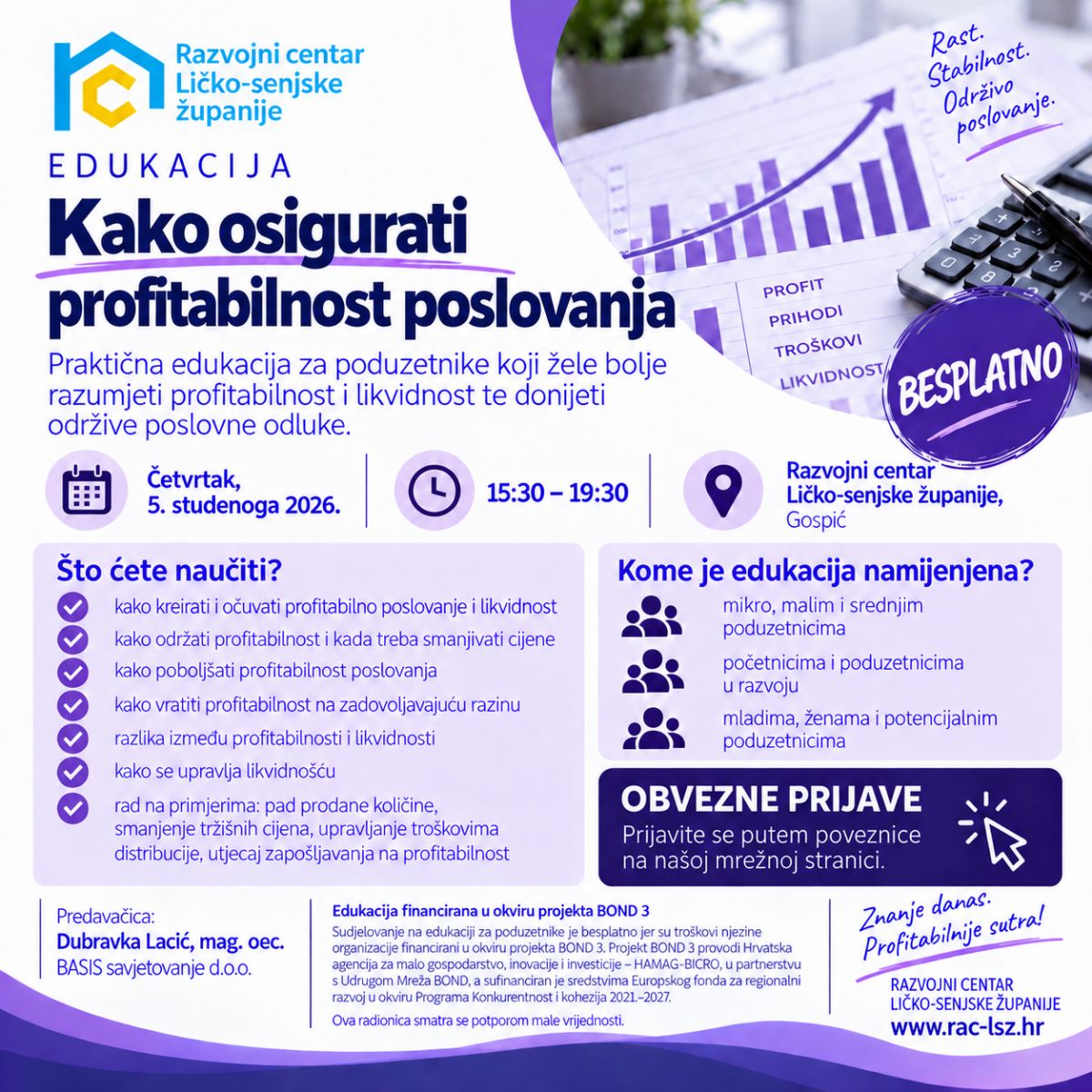 „Kako osigurati profitabilnost poslovanja“ - Besplatna radionica  5. studenoga 2026. godine