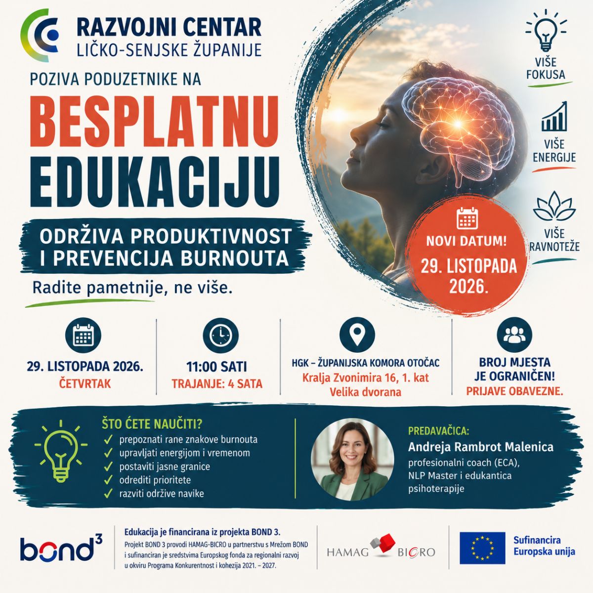 Poziv poduzetnicima na besplatnu edukaciju „Održiva produktivnost i prevencija burnouta“