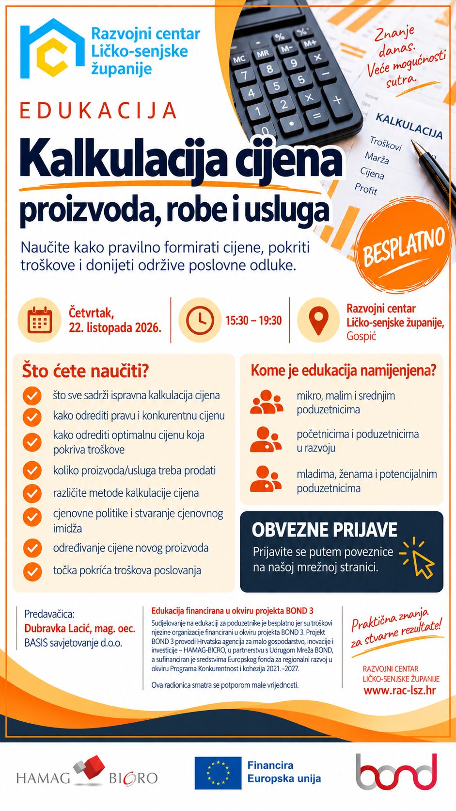 Besplatna radionica „Kalkulacija cijena proizvoda, robe i usluga“ u Gospiću
